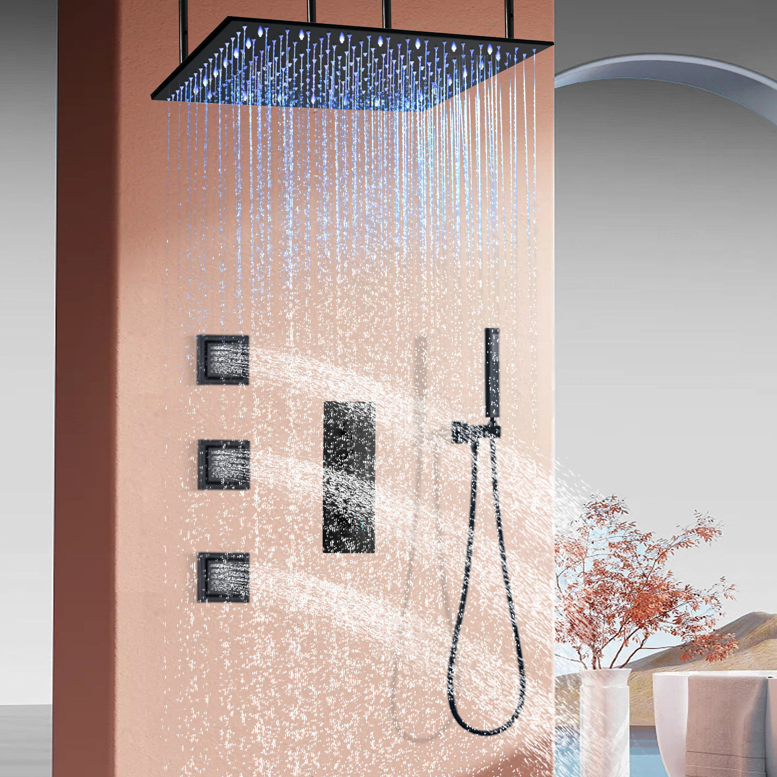 Wall-mounted Square Bathroom Shower System LED Thermostatic Shower Faucet Set Rain Shower Tub Massage Nozzle