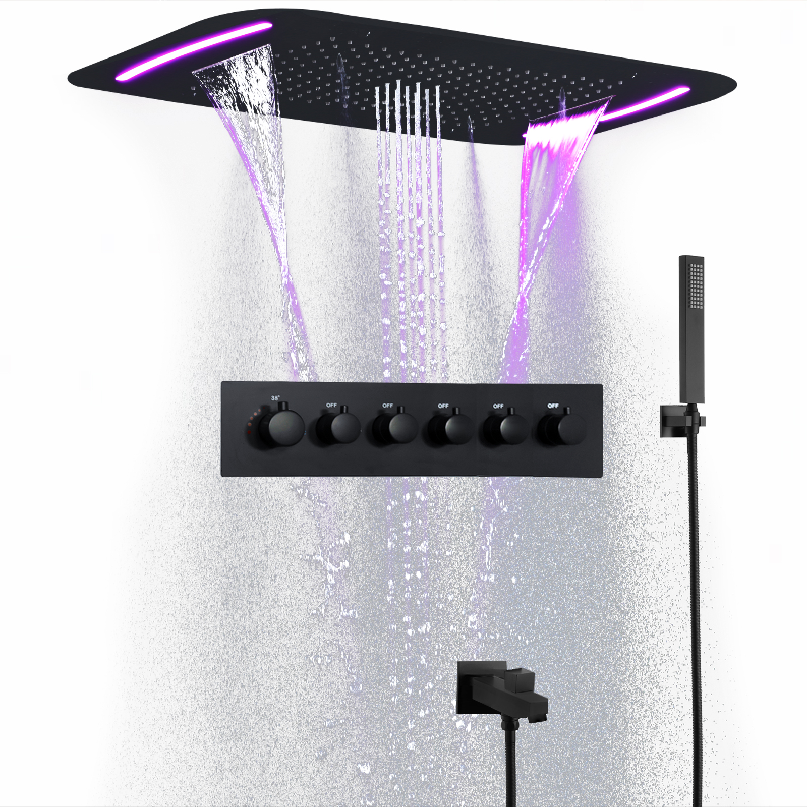 71x43cm Black LED Shower System Set with Ceiling Large Massage Constant Temperature Waterfall Rainwater Shower Head Mixer Faucet