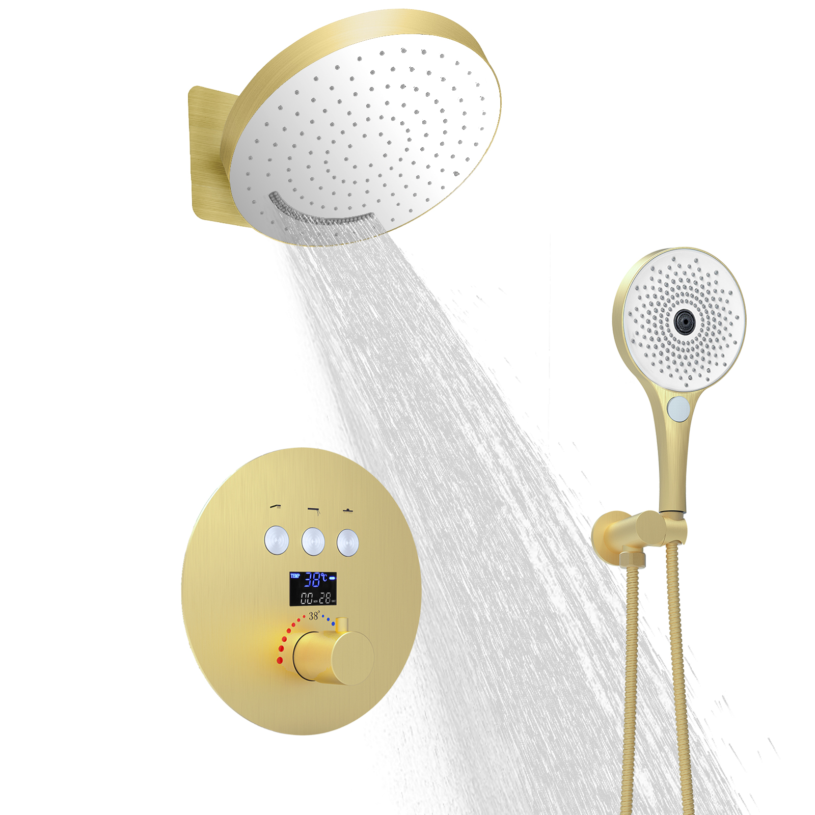 Brushed Gold Thermostat Digital Display Faucet Kit Bathroom Tub Shower Massage Jet System Set
