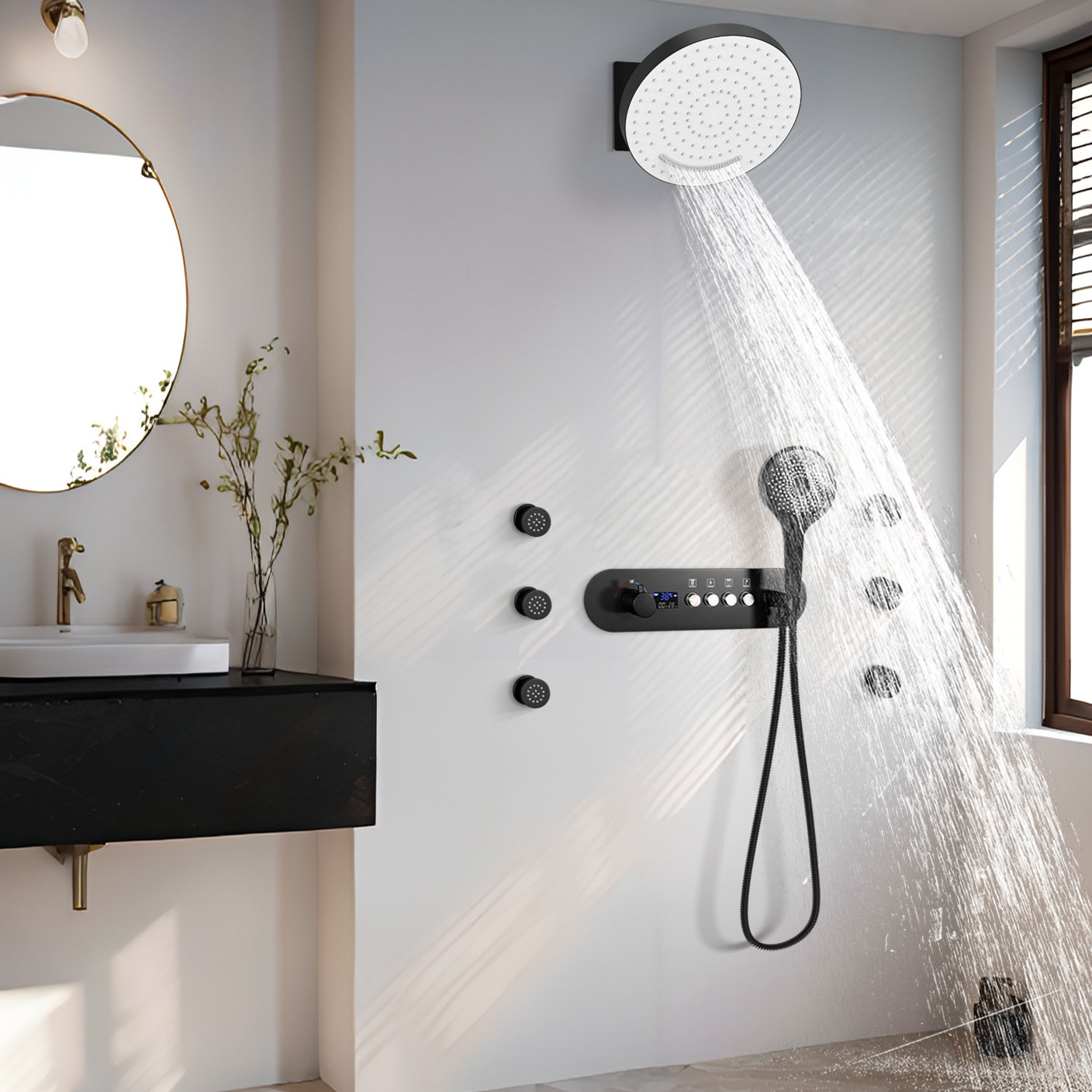 Black Flushing Wall Shower Room Suite Constant Temperature Number Explicit Shower Water Faucet