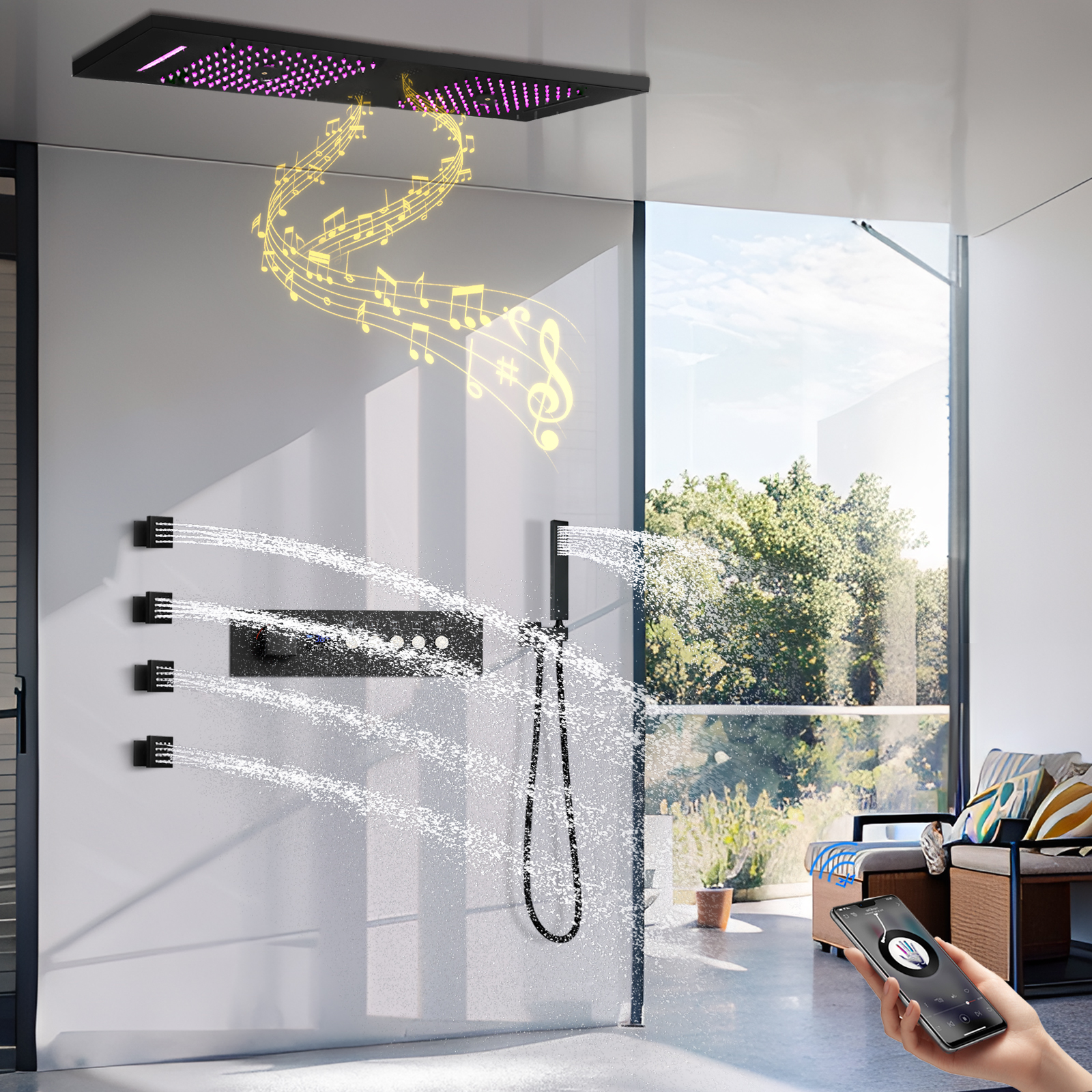 Ceiling Music Player Black Dark Driving Show Set Bathroom Bathroom Multifunctional LED Rainwater Remaining System Band Bottills