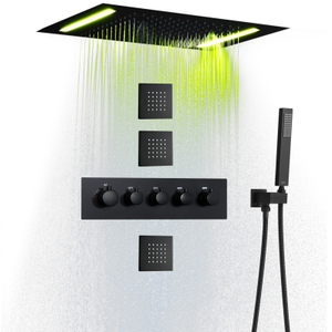 Matte Black Rain Shower System Set14 X 20 Inch Large Bathroom LED Shower Head Brass Luxury Thermostatic Faucet Message Sprayer