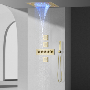 Brushed Gold Thermostatic Rain Shower System 14 X 20 Inch LED Waterfall Rainfall Shower Head Bath Mixer