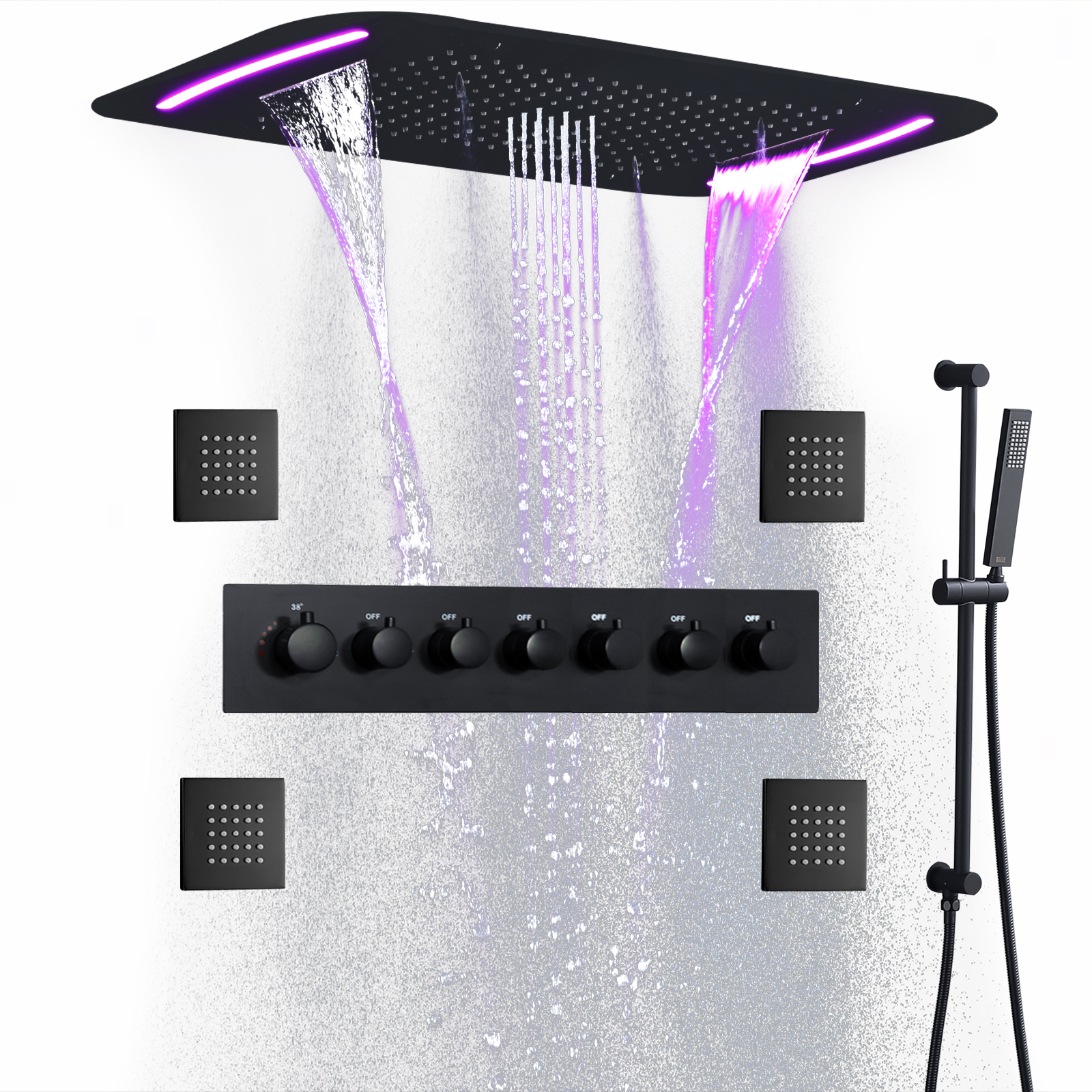 Thermostatic Matte Black Shower System Set 28X17 Inch Large Bathroom Waterfall Rain Shower Head With LED Panel
