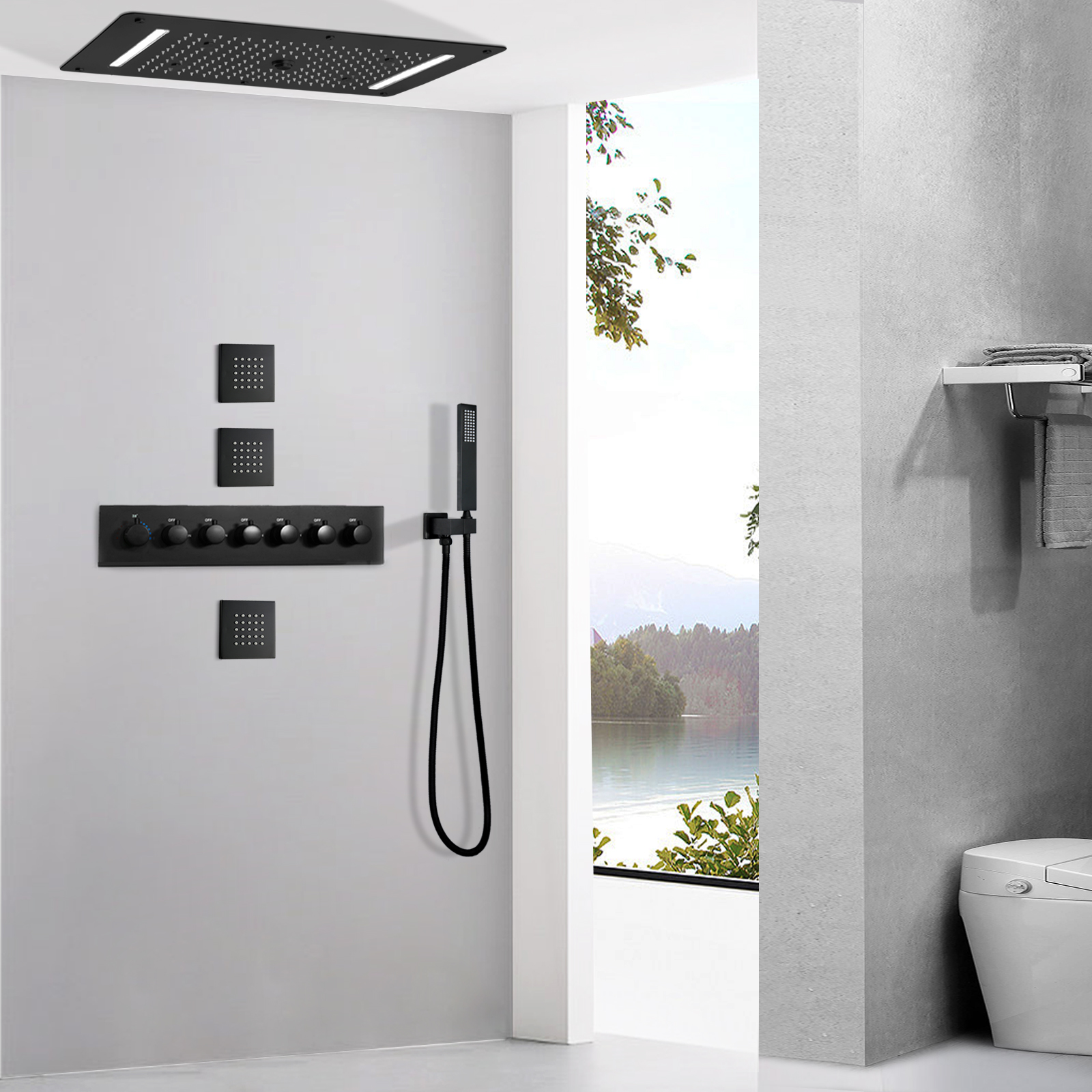 Matte Black Thermostatic Rain Shower System With 700X380 MM LED Ceil Mounted Stainless Steel Shower Head