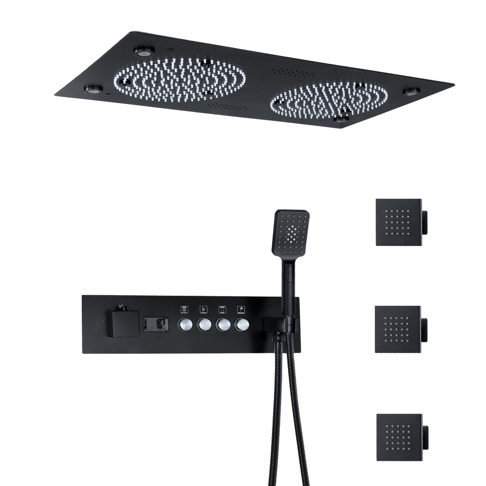 Matte Black LED Shower System 620*320MM Rain Shower Head with Music Speaker Thermostatic Bathroom Shower Faucet Set