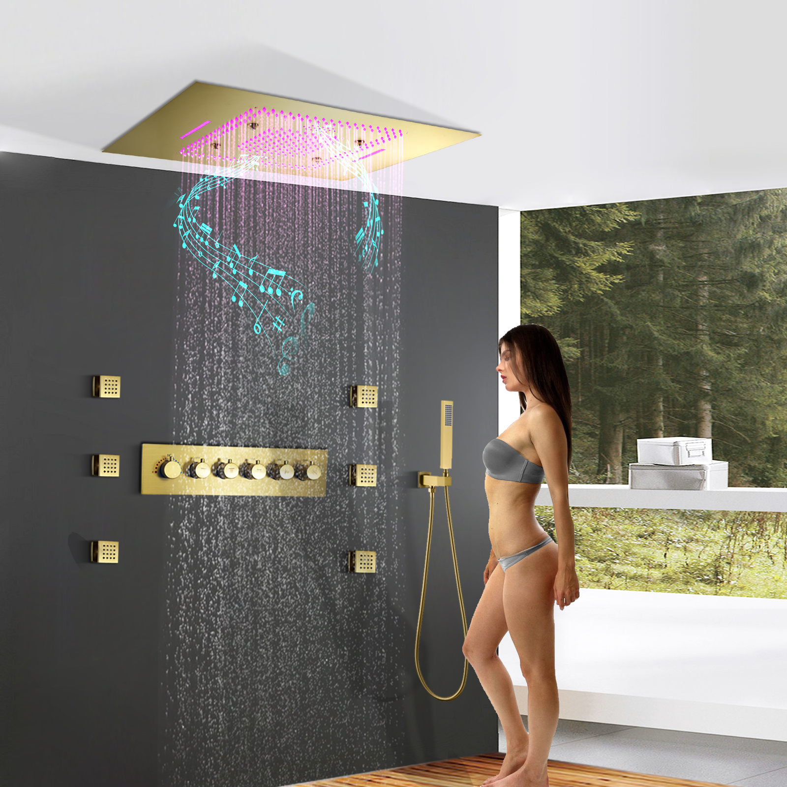 Luxury Bathroom Shower System 24*32 Inch Led Shower Head With Music Speaker Mist Rain And Waterfall Thermostatic Shower Set