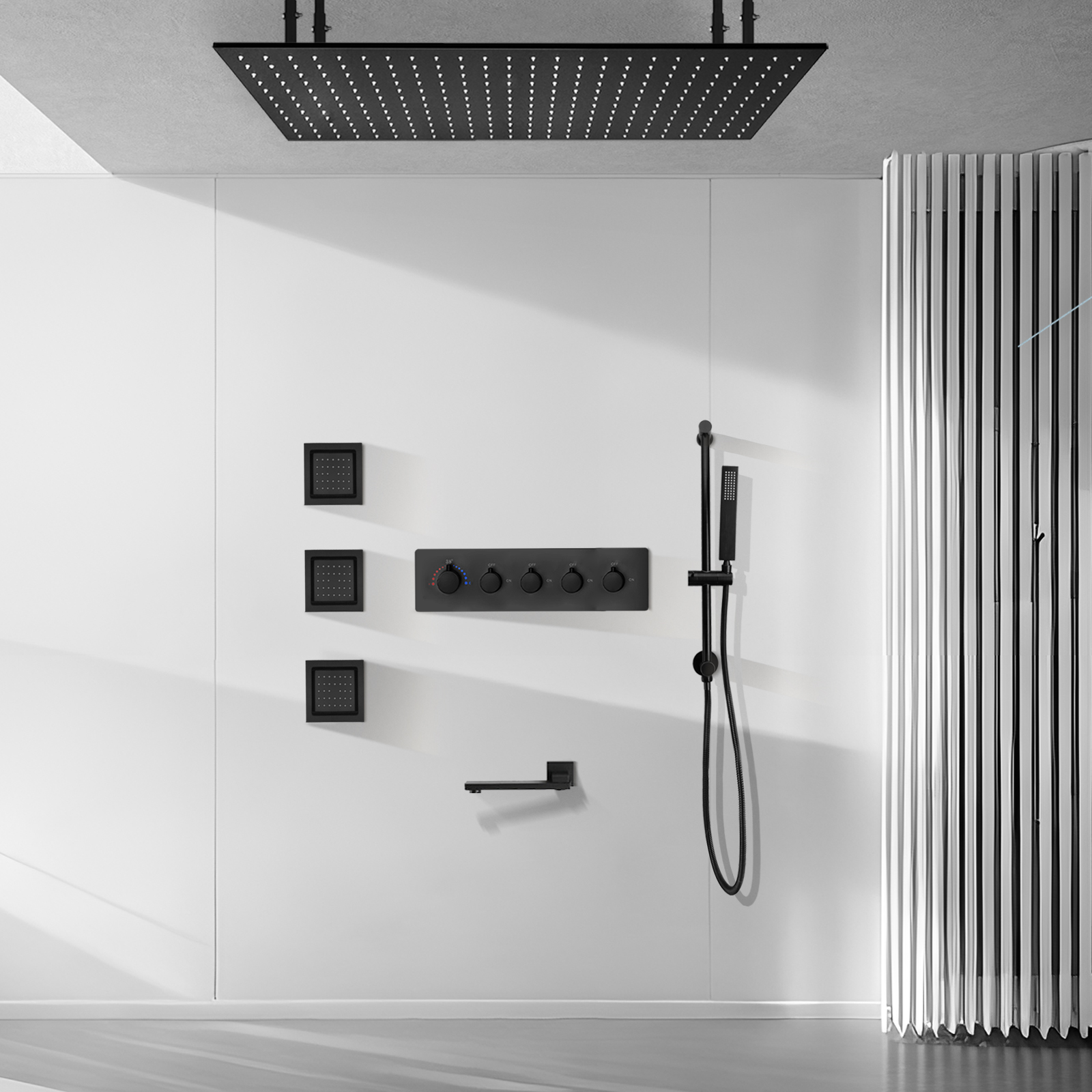 Black Wall -mounted Bathroom Large Rainwater LED Shower Head System in The Ceiling, Bring Down The Water Outlet
