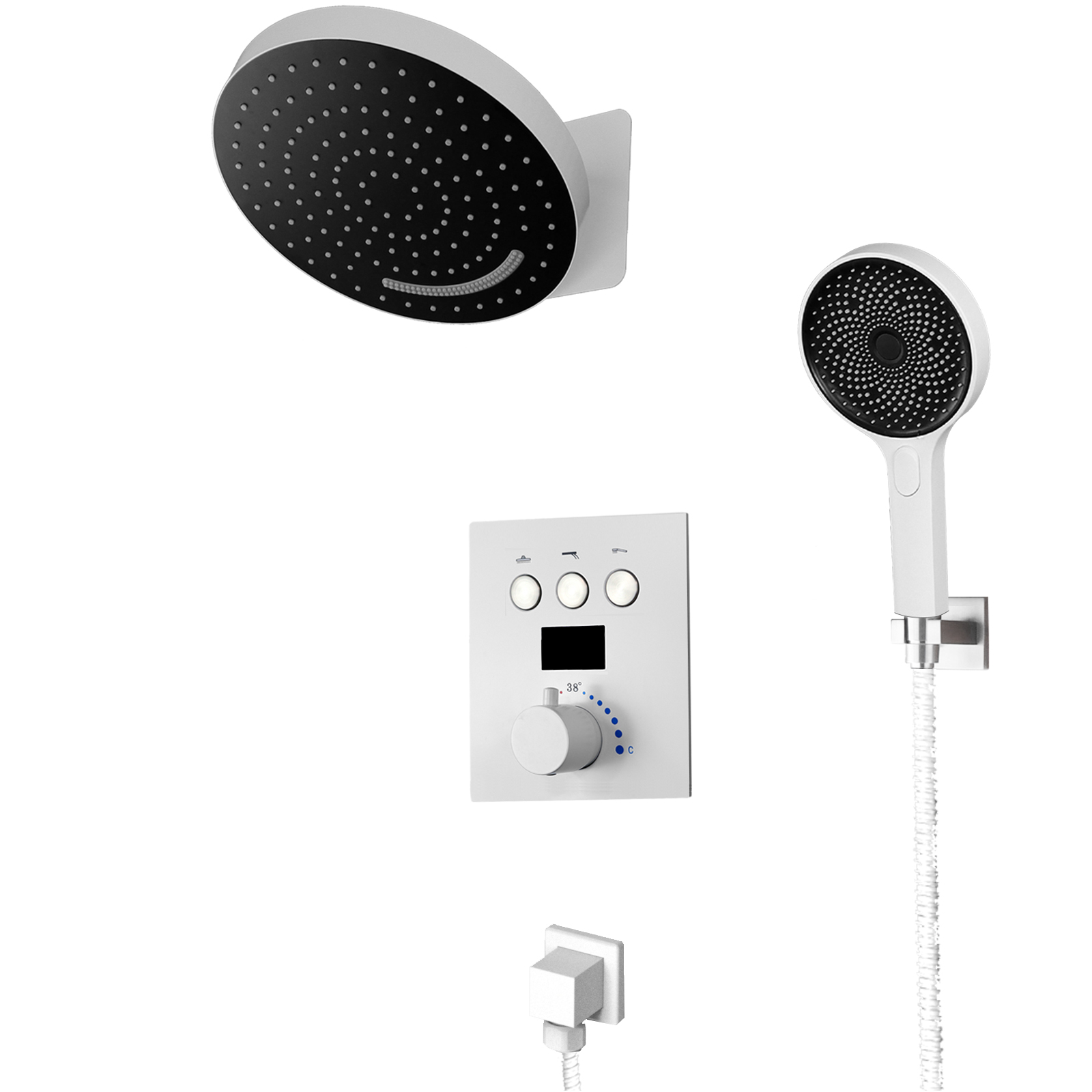 12 Inch White Simple Thermostatic Button Number Shows Water Faucet System Bathroom Massage Jet Shower Suite