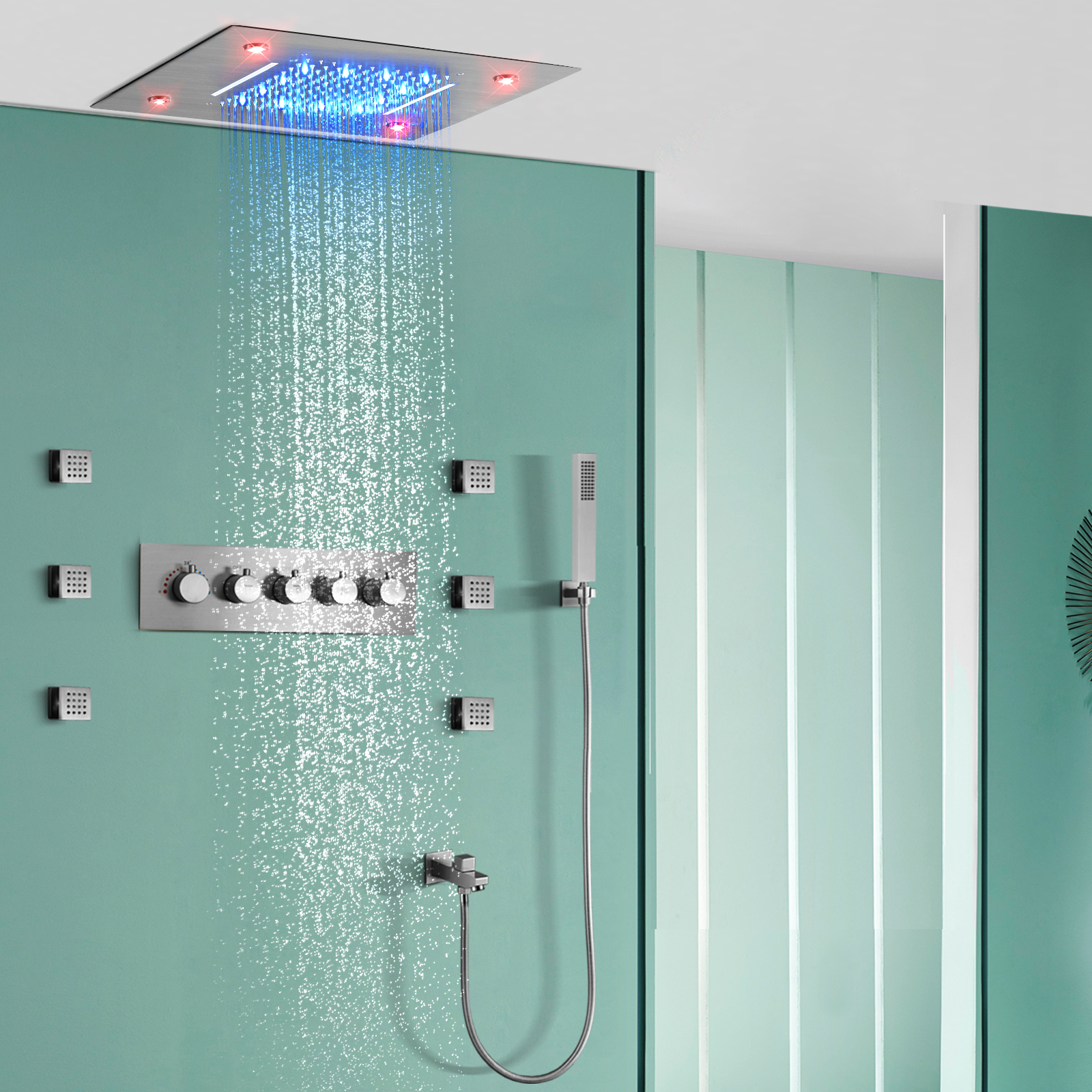 Brushed Constant Temperature Rain Waterfall Bathroom Shower System Remote Control LED Concealed Hidden Nozzle Massage Shower Set