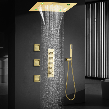Luxury Brushed Gold Musical Shower Set Faucet Bathroom Constant Temperature Rainforest Waterfall Shower System