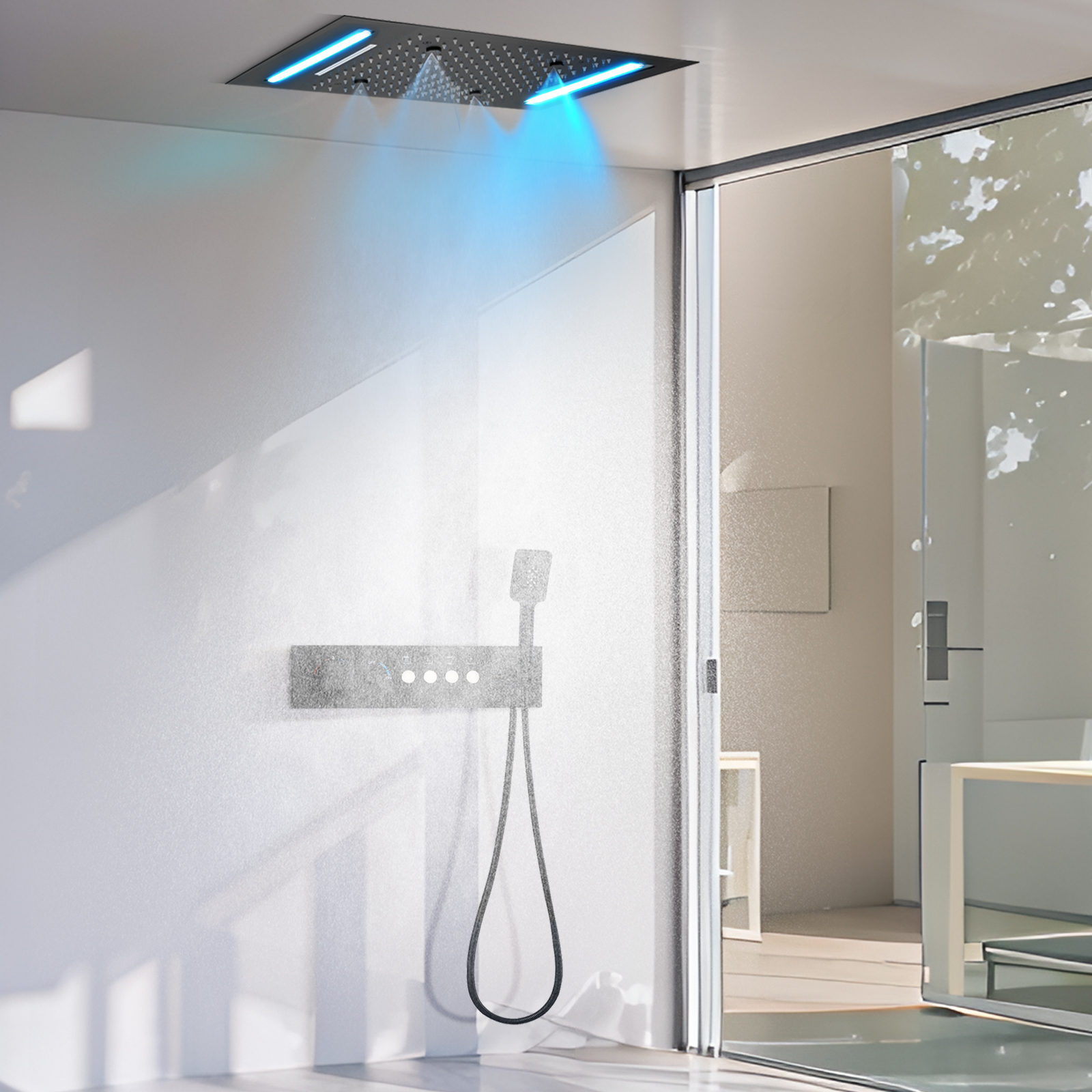 50X36CM Wall Mounted Shower Set Matte Black Constant Temperature Button with Flow Control Lever Shower System Bathtub Rain