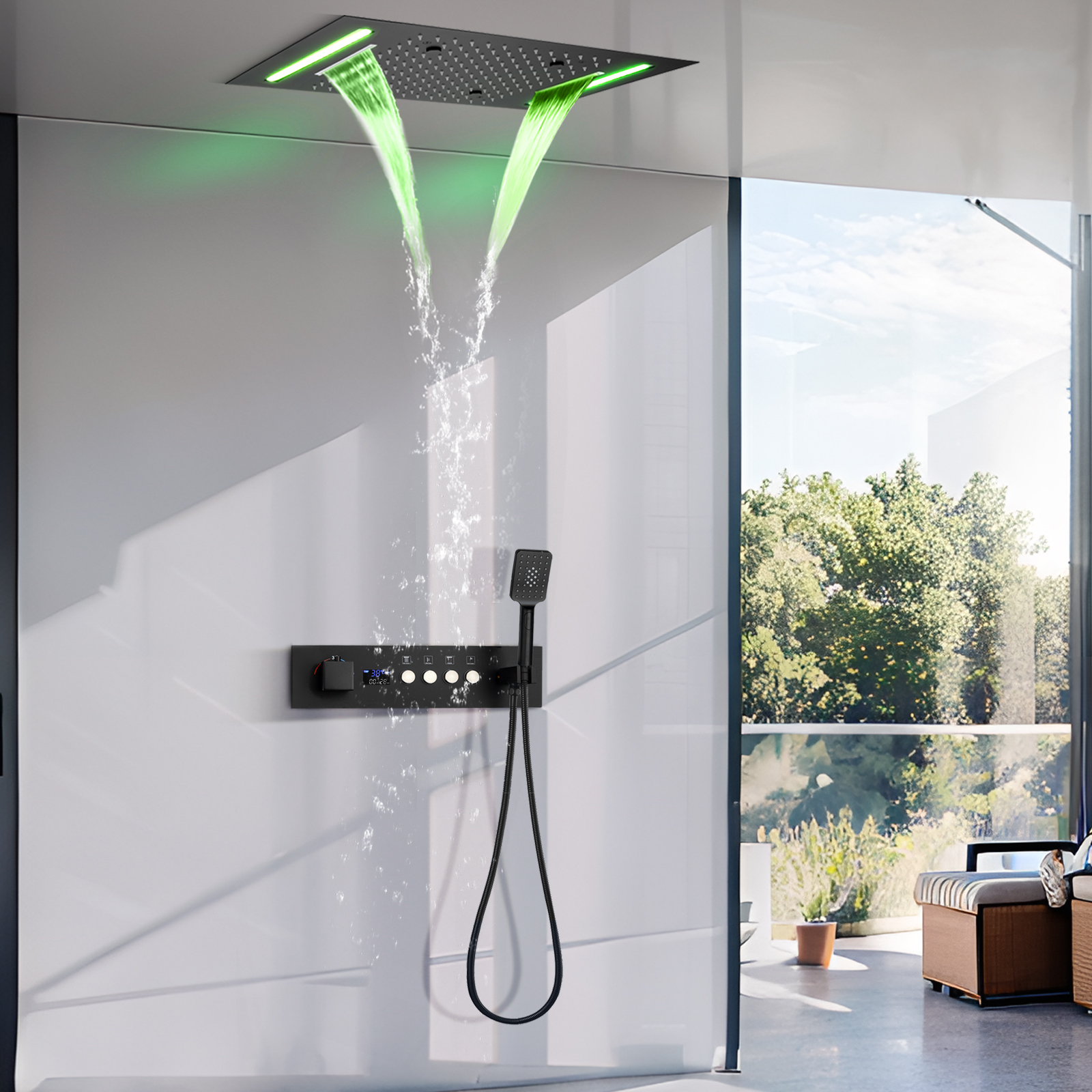 Matte Black LED Display Screen, Digital Constant Temperature Shower Faucet Set, 4-function Rainwater Shower Massage System
