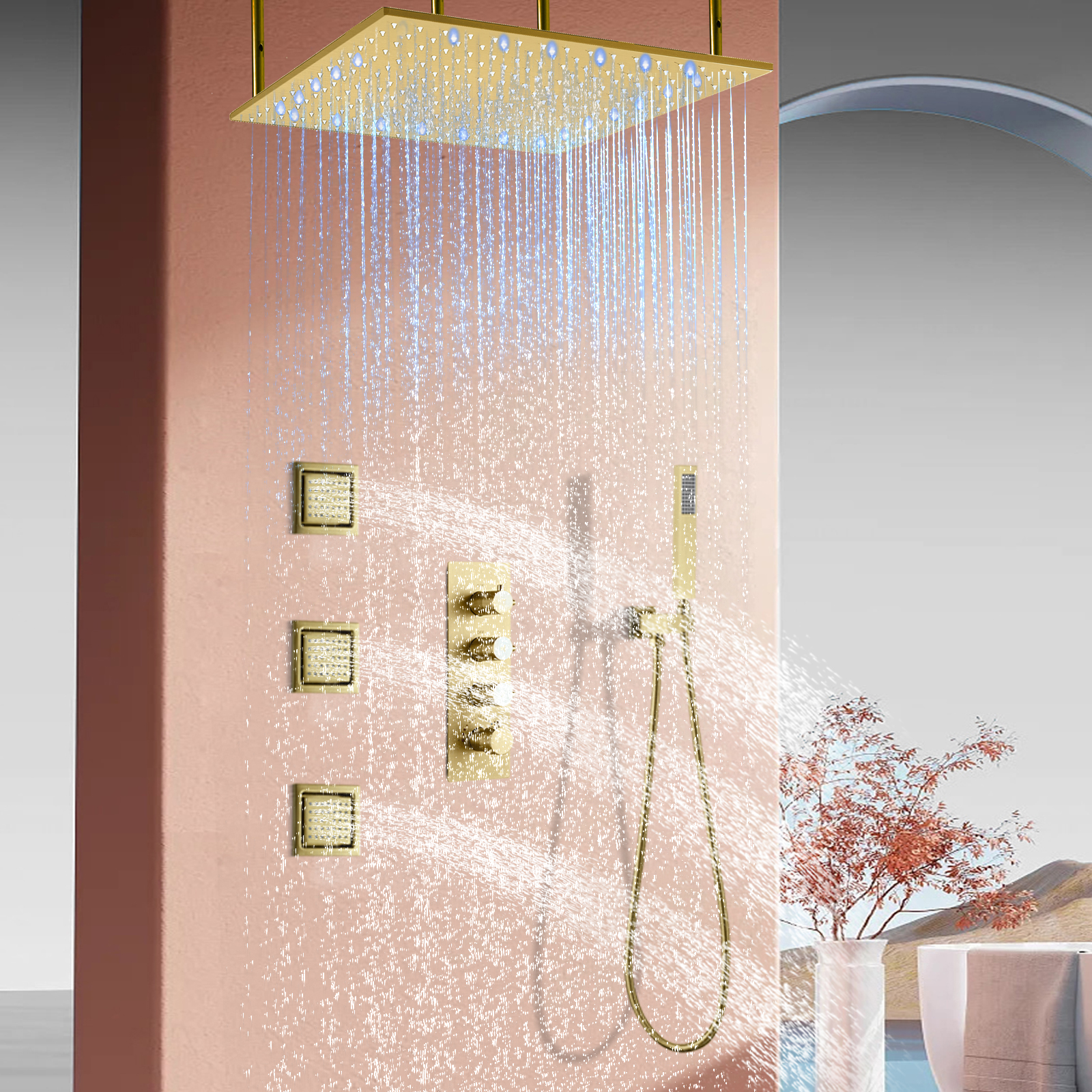 Wall Mounted Shower Bathroom Gold Concealed Shower Mixer Set With Rain Shower Head