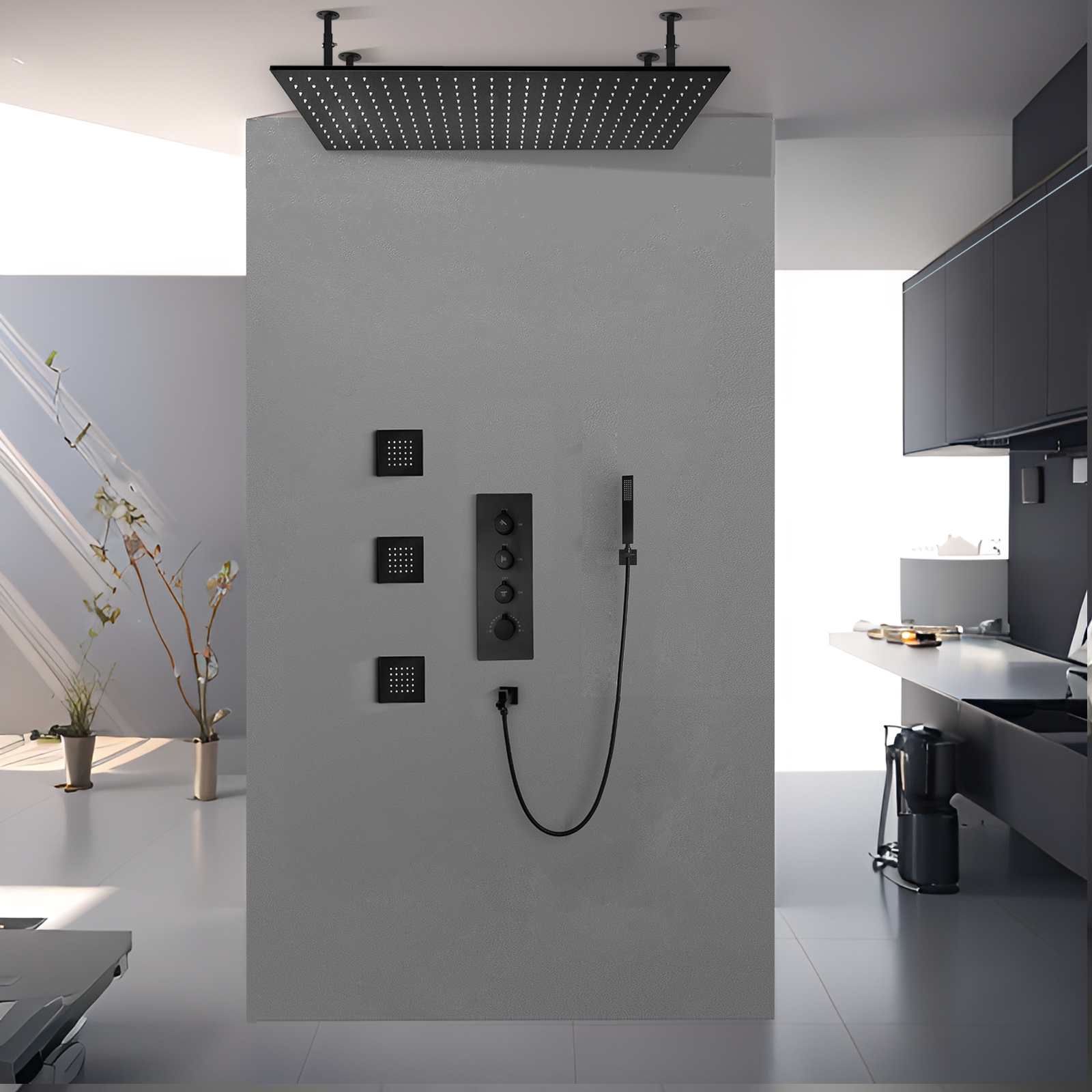 80x40cm Matte Black Bathroom Constant Temperature Ceiling LED Bathtub Dragon Head Shower System Large Shower Suit