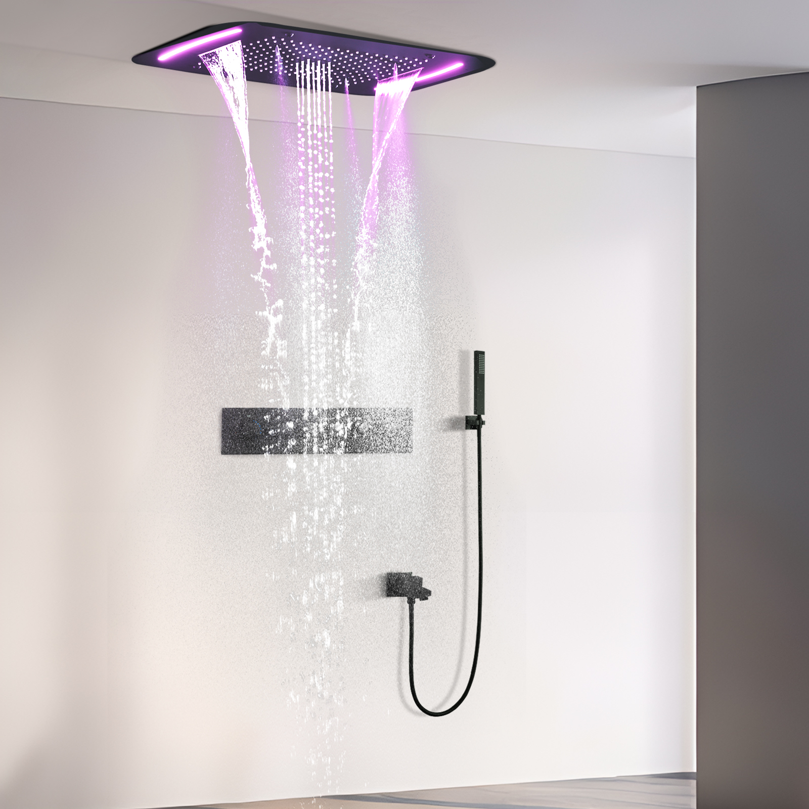 71x43cm Black LED Shower System Set with Ceiling Large Massage Constant Temperature Waterfall Rainwater Shower Head Mixer Faucet