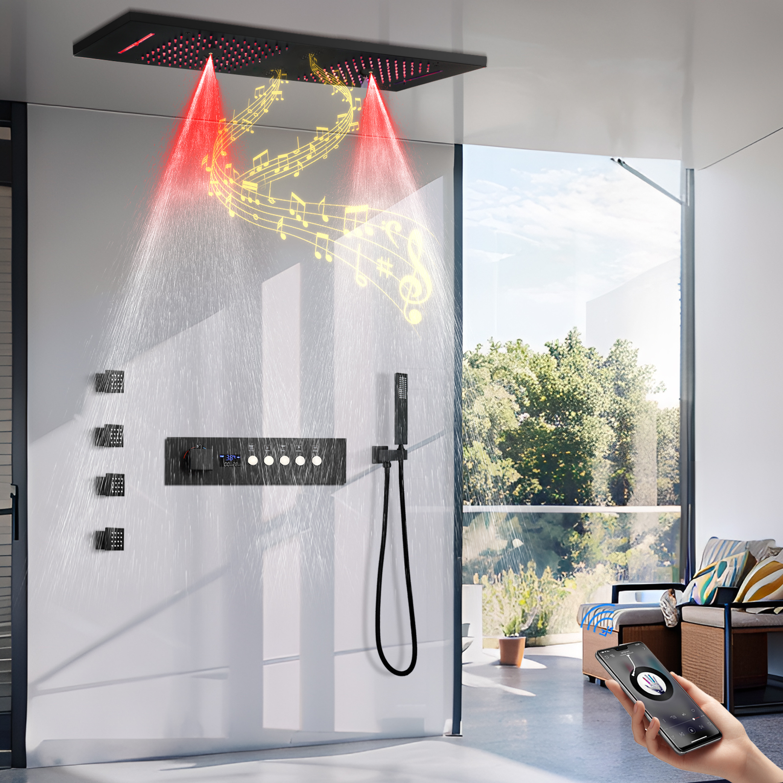 Ceiling Music Player Black Dark Driving Show Set Bathroom Bathroom Multifunctional LED Rainwater Remaining System Band Bottills