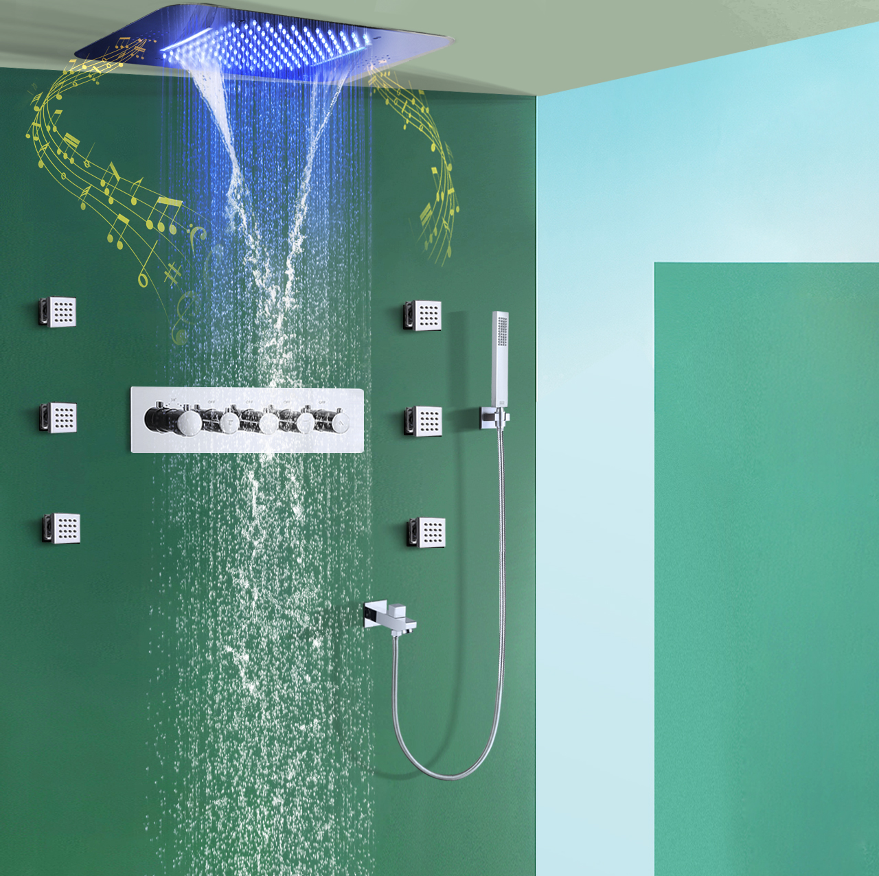 Music LED Head Shower System 23*15 Inch Rain And Waterfall Thermostatic Bath & Shower Sets For Bathroom