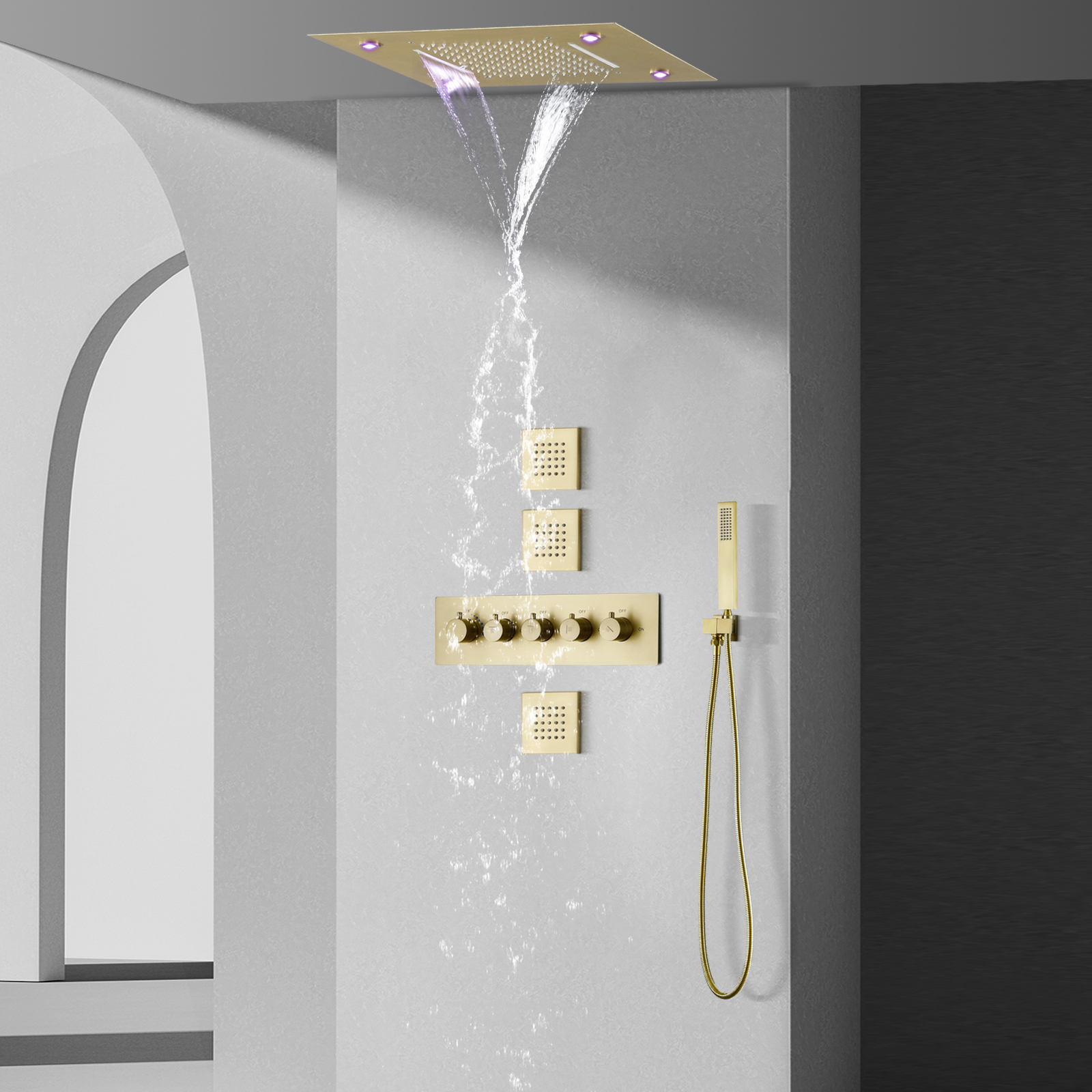Brushed Gold Thermostatic Rain Shower System 14 X 20 Inch LED Waterfall Rainfall Shower Head Bath Mixer