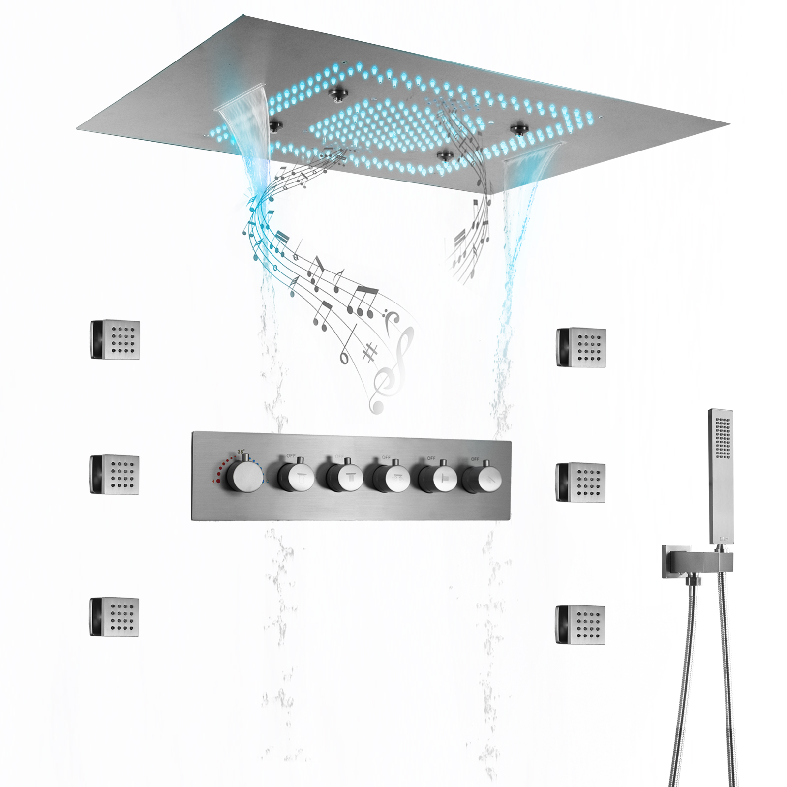 Ceiling Embedded 600*800mm Led Shower Head With Music Speakers Thermostatic Main Body Bathroom Shower Faucet