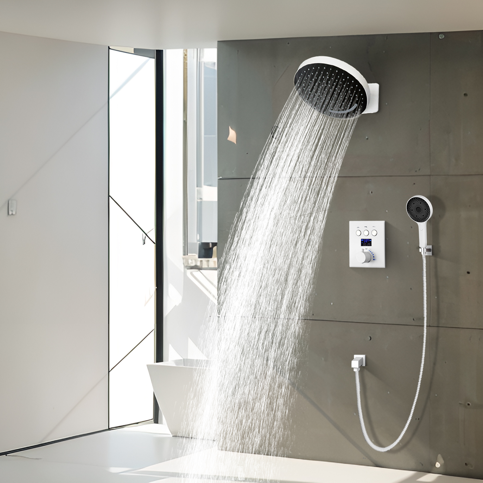 12 Inch White Simple Thermostatic Button Number Shows Water Faucet System Bathroom Massage Jet Shower Suite