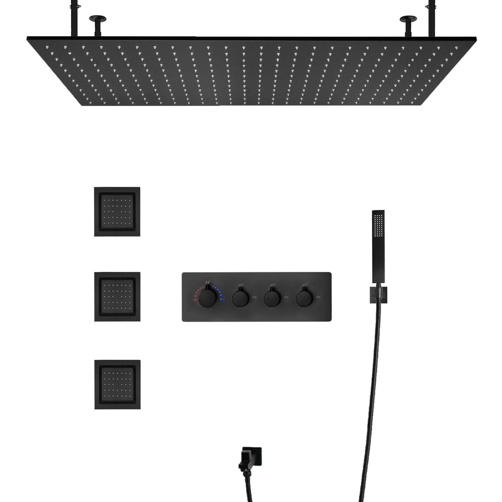 Wall -mounted Brass Matte Black 100x50cm Rainflower Shower Head System Four -function Bathroom LED Shower Kit