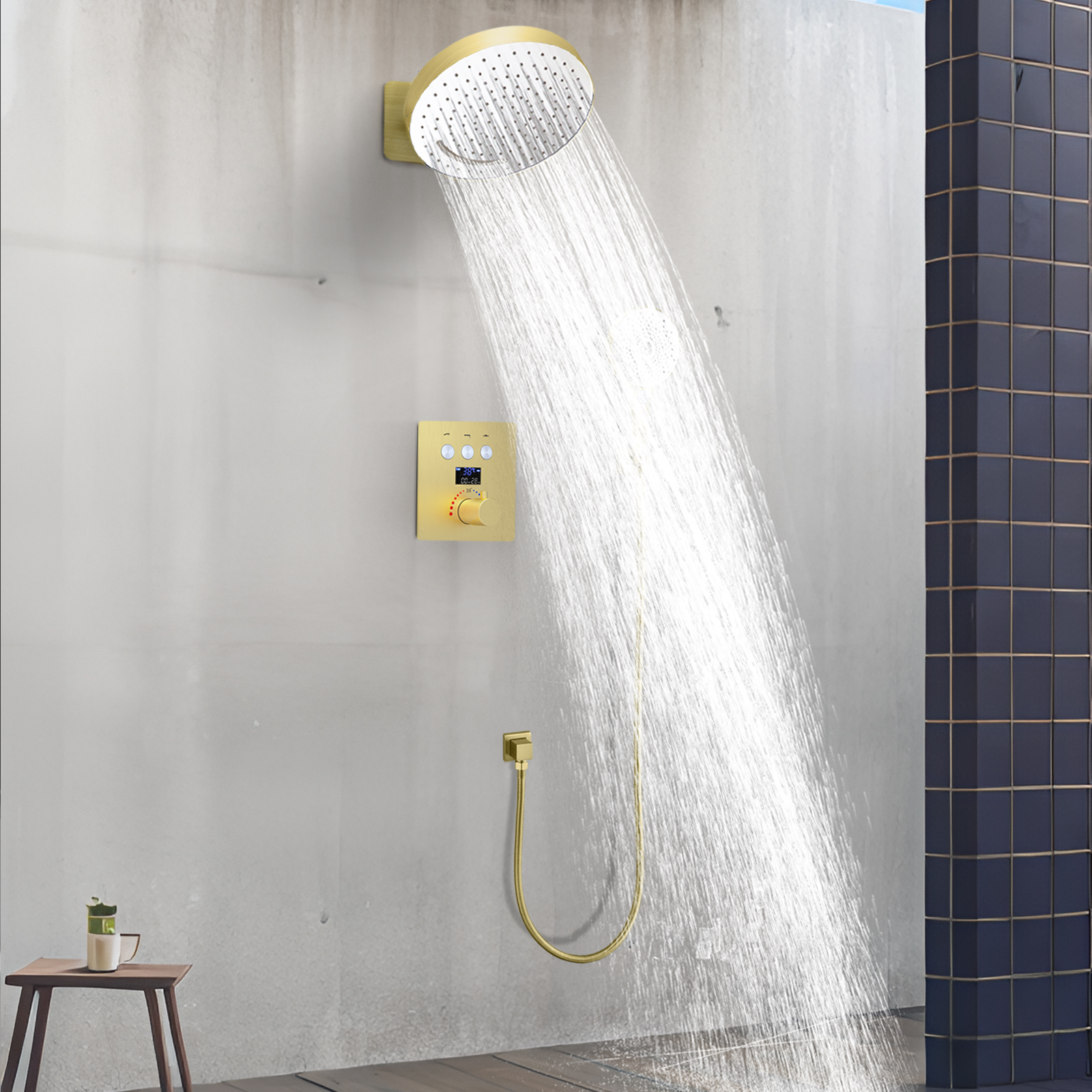 Constant Temperature Mixed Diversion Valve Bath Water Faucet Suite Wall -mounted Rainwater Shower Wall Hanging Head Top Shower