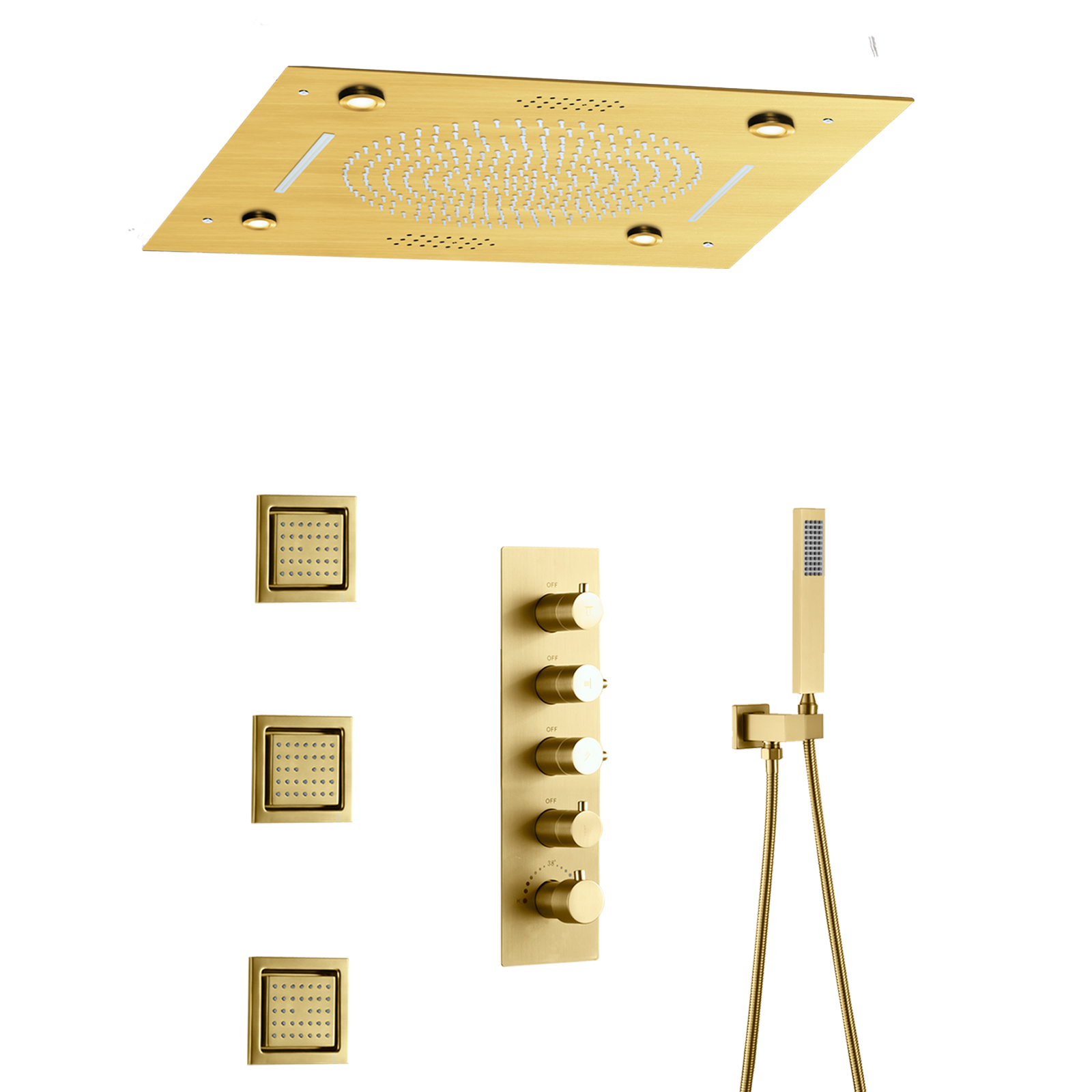 Luxury Brushed Gold Musical Shower Set Faucet Bathroom Constant Temperature Rainforest Waterfall Shower System