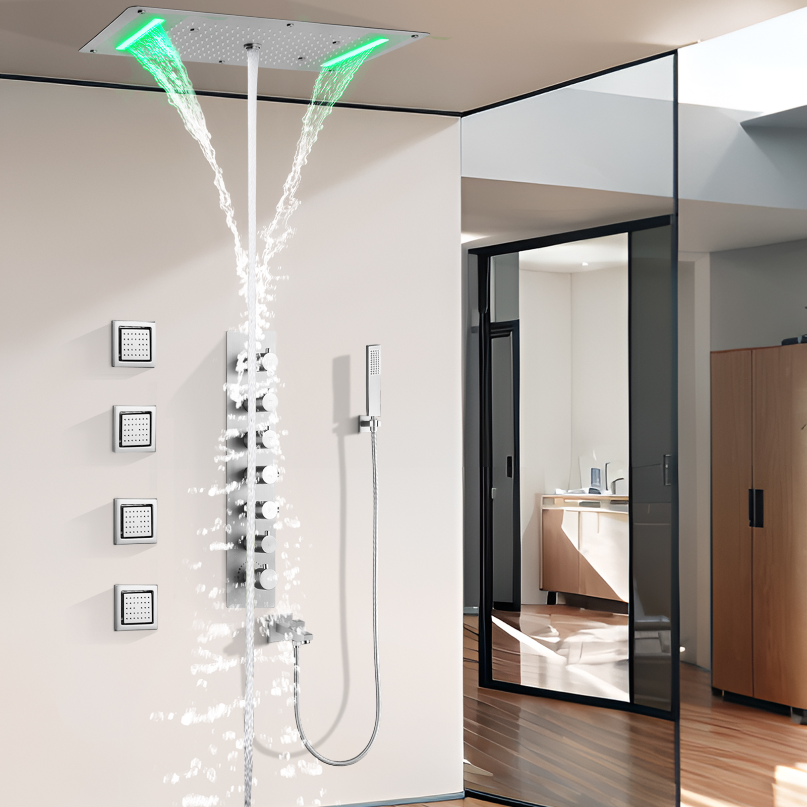 Ritting Nickel Constant Temperature Shower Head Rinse The Bathroom Modern Dark Rainfall LED Shower Panel Atomizer Spa