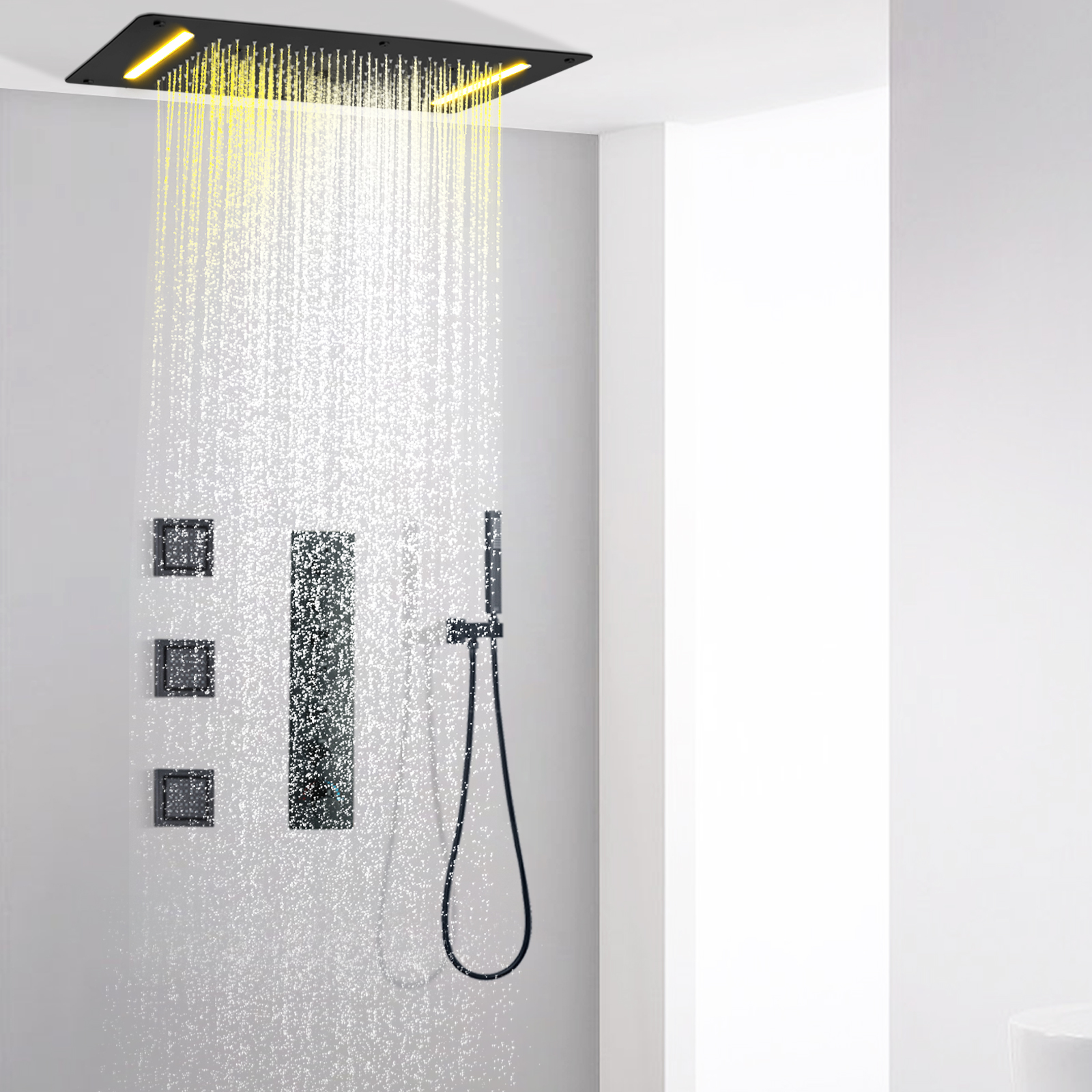 Matt Black Brass Wall Shower Faucet System Bathroom Constant Temperature Large Flow Multifunctional Rain Column Shower Head Set