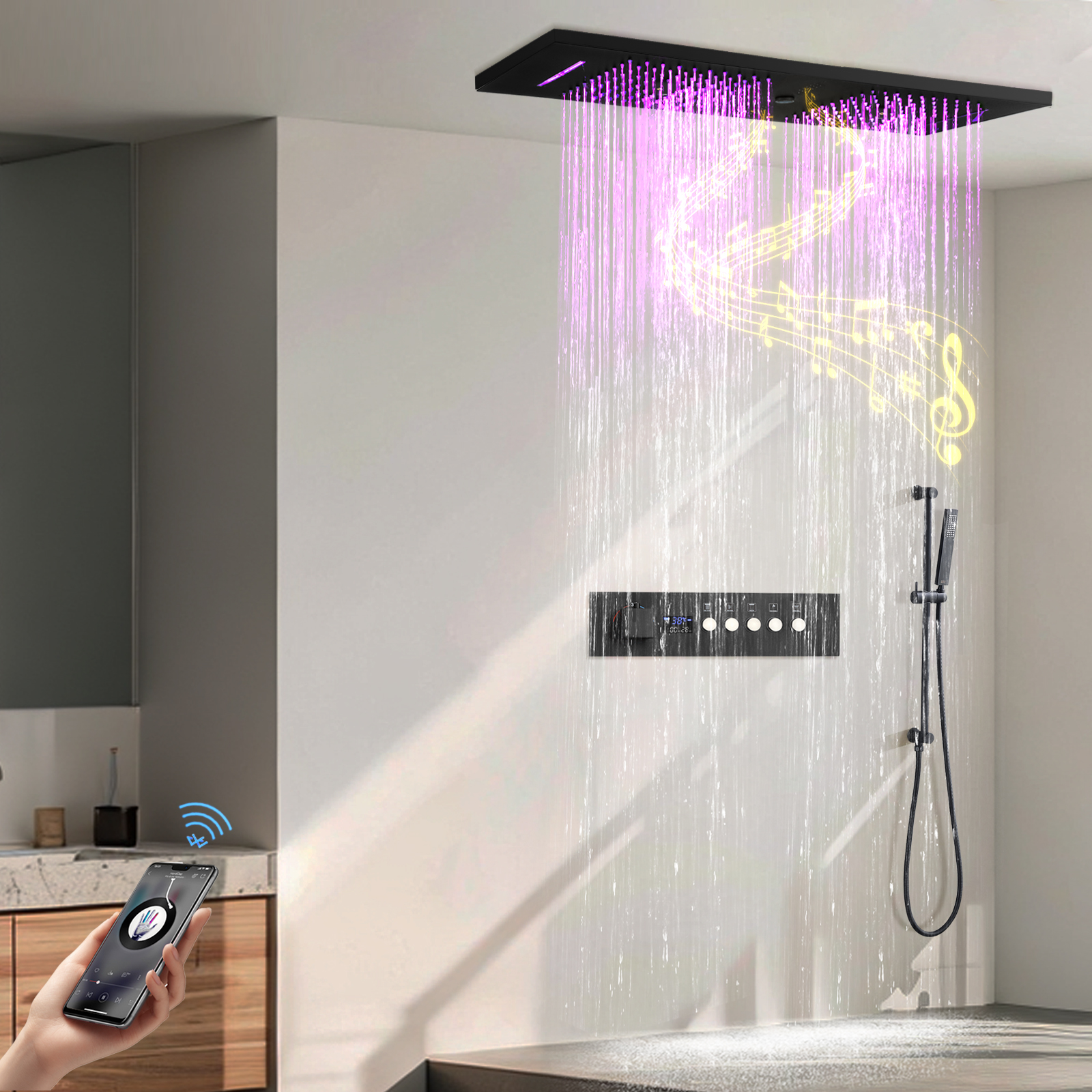 Duck Black Shower Water Faucet Panel RGB LED Shower Constant Temperature Number Showing Mixer Valve Kit