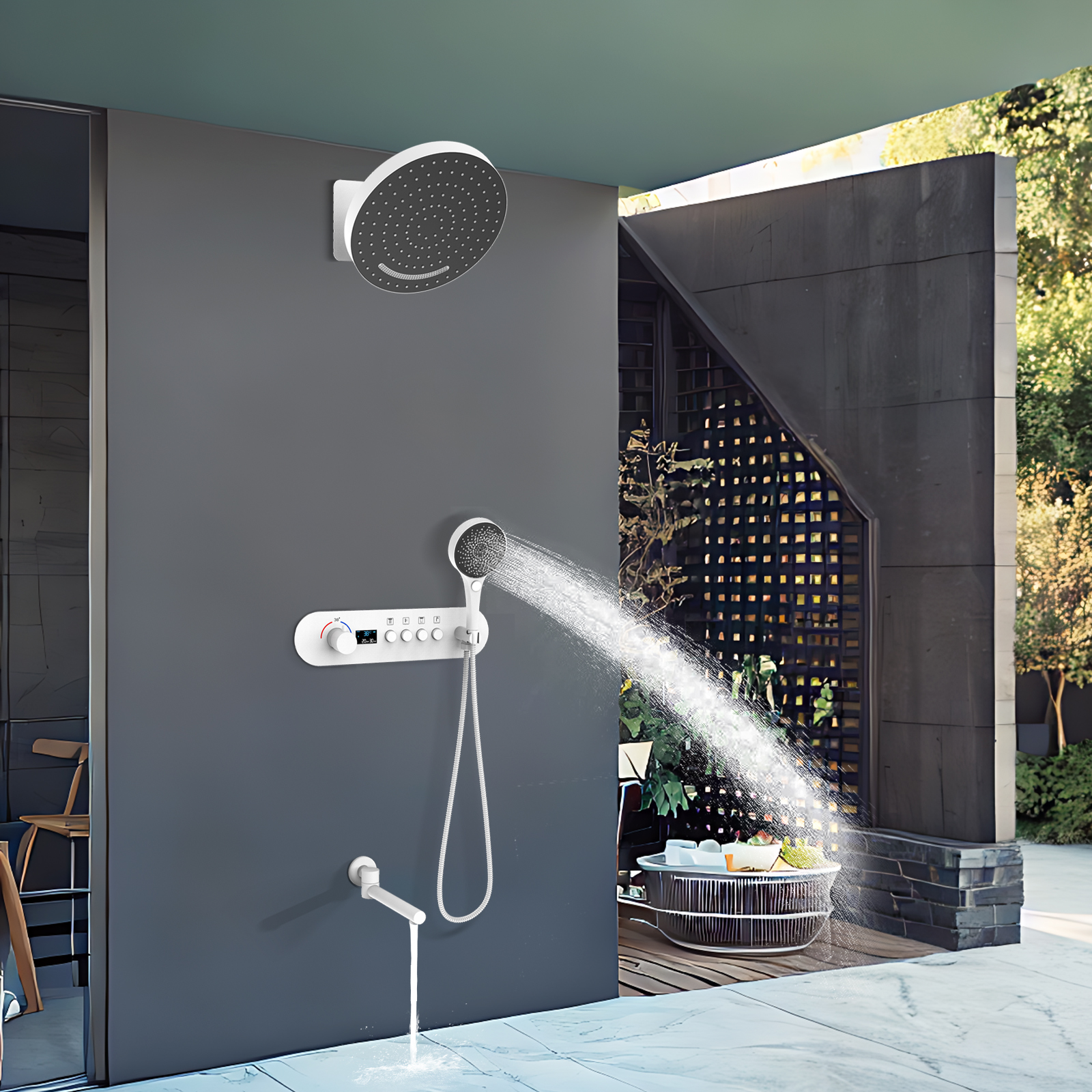 White Round Wall -mounted Rainfall And Constant Temperature Shower Mixing Valve Brings Down The Water Outlet