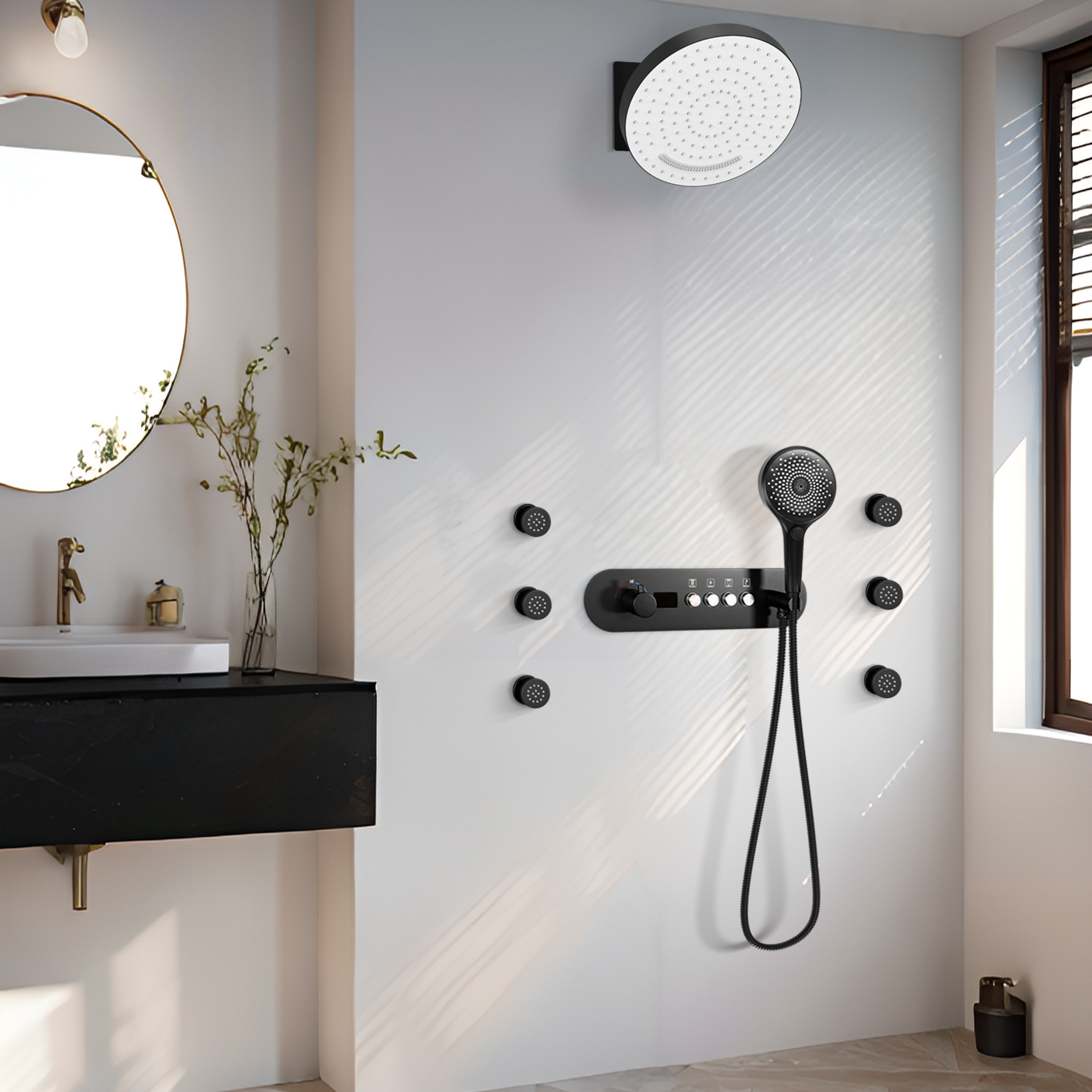 Black Flushing Wall Shower Room Suite Constant Temperature Number Explicit Shower Water Faucet