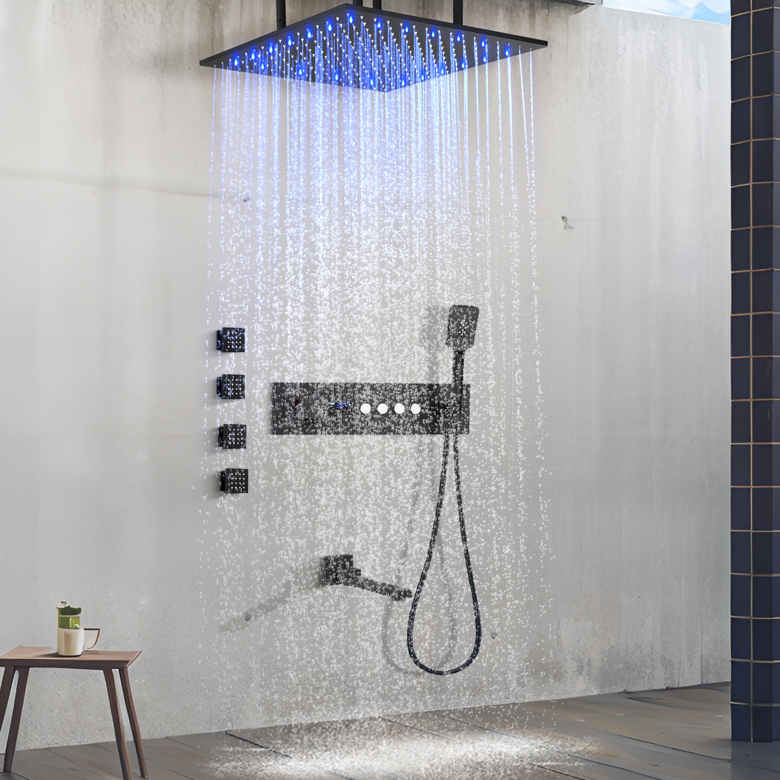 Ceiling LED Number Showing Constant Temperature Mixed Shower Matte Black Shower Bronze Sleeve Body Jet with Folding