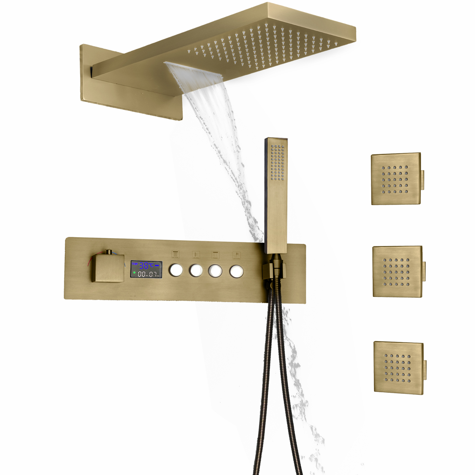 Wall Mounted Bathroom LED Digital Display Thermostatic Shower Faucet Set With Rainfall Waterfall Shower Head