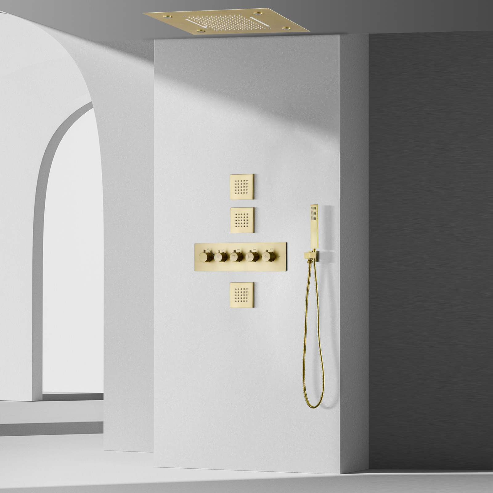 Brushed Gold Thermostatic Rain Shower System 14 X 20 Inch LED Waterfall Rainfall Shower Head Bath Mixer