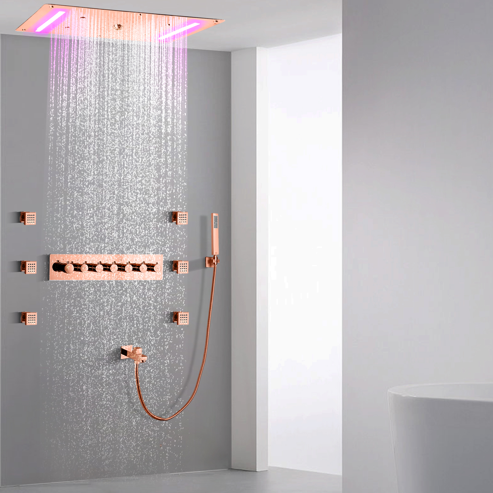 Rose Gold Shower Faucet Set 70X38 CM LED Bathroom Temperature Rainfall Waterfall Atomizing Bubble With Handheld