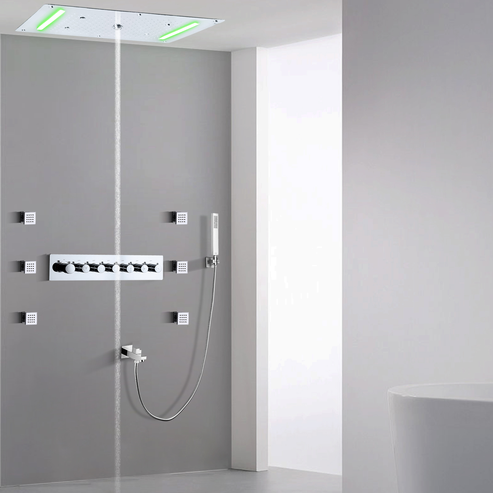 70X38 Cm Chrome Polished LED Luxury Bath Shower Mixer Waterfall Rainfall Panel Massage Shower Set