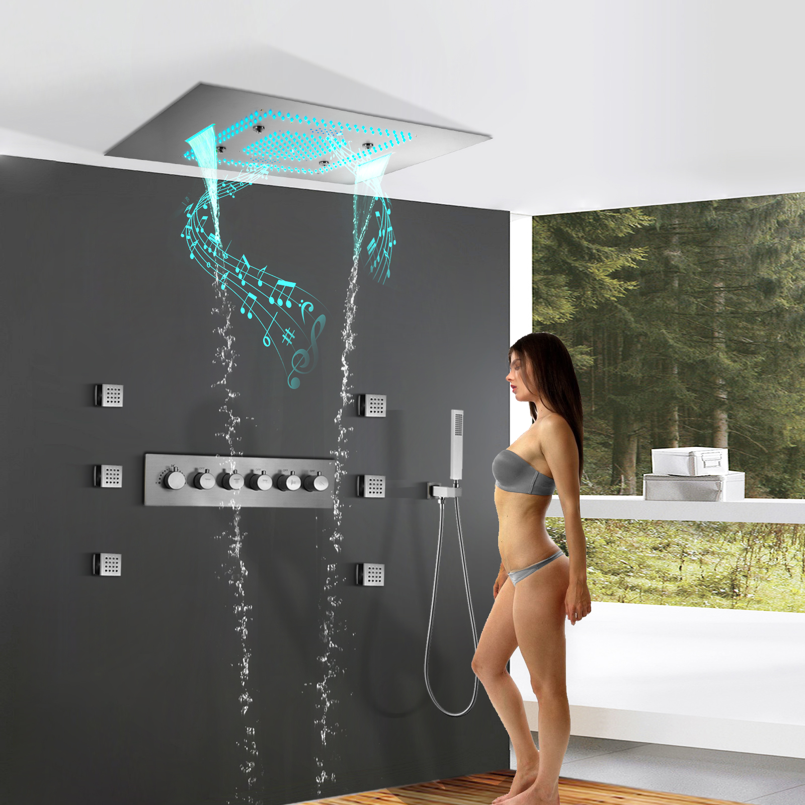 Ceiling Embedded 600*800mm Led Shower Head With Music Speakers Thermostatic Main Body Bathroom Shower Faucet