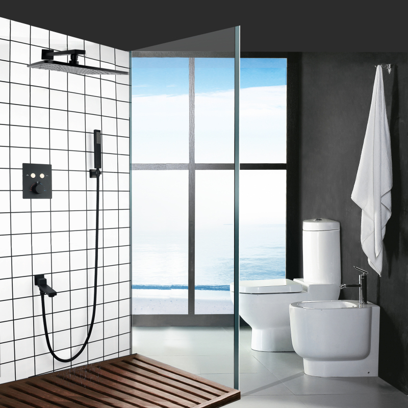High Quality Cheap Matte Black Thermostatic Rainfall Concealed Shower System Bathroom Handheld Spout Combo Set