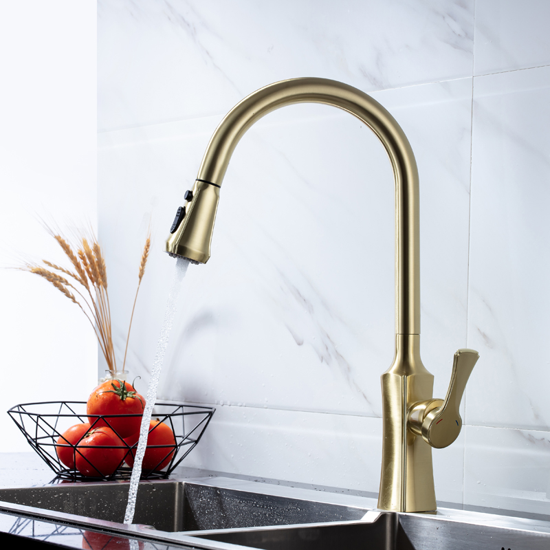 Brushed Gold Contemporary Luxury Sink Bifunctional Kitchen Mixers Single Handle