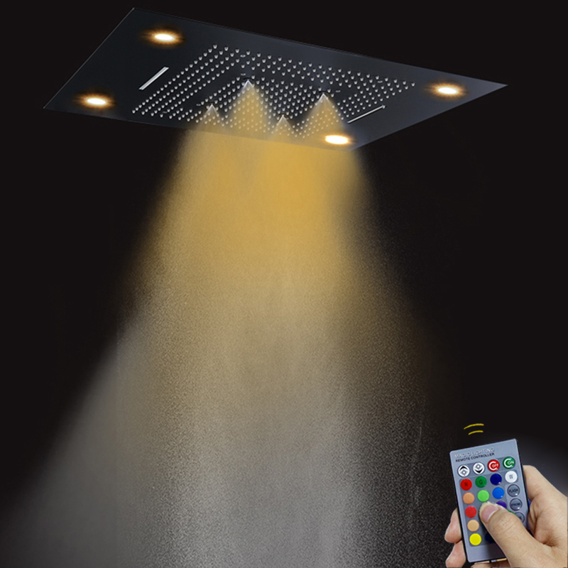 Matte Black 80X60 CM Bathroom Multifunction Shower Head With LED Control Remote Panel Shower Waterfall Atomizing Bubble
