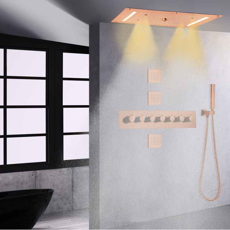 Modern Thermostatic Rose Gold LED Rainfall Shower System Bathroom Rainfall Waterfall Hand Hold SPA Shower