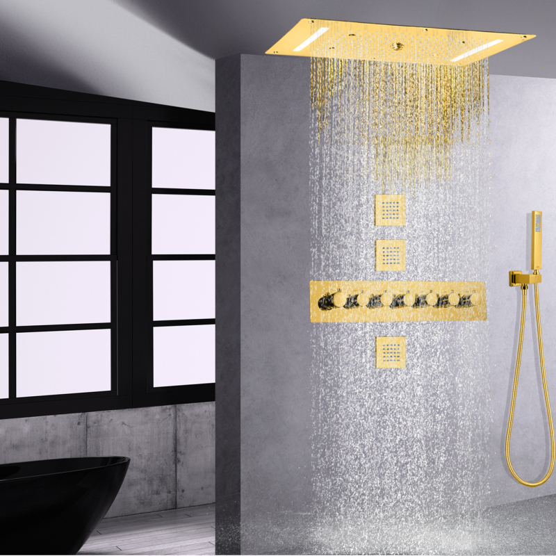 Gold Polished Thermostatic Control Bath Shower Faucet Overhead Bubble Waterfall SPA Shower Combination Set