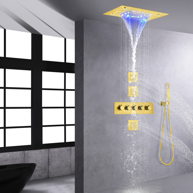 Brushed Gold Bathroom Rain Shower Set 14 X 20 Inch Thermostatic System High Flow Waterfall