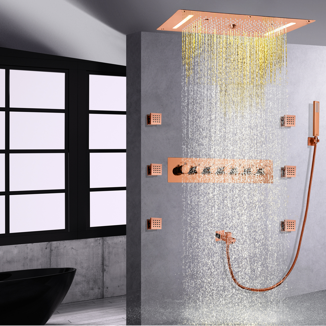 Rose Gold LED Shower Faucets Bathroom Temperature Hydro Jet Rainfall Waterfall Bubble Spa With Handheld