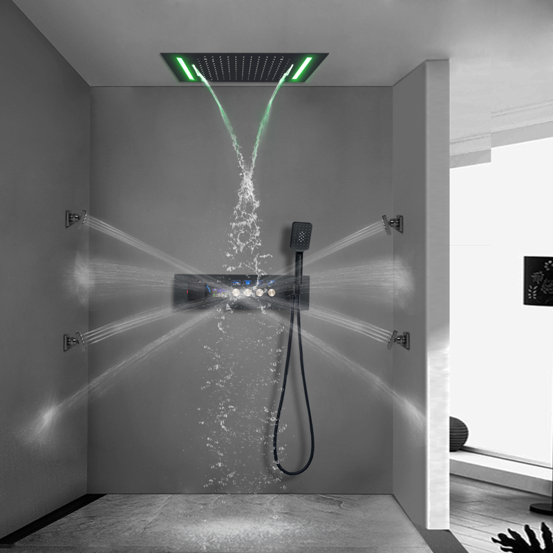 20*14Inch Matte Black Rainfall Shower System LED Constant Temperature Digital Display Bathroom Full Shower Set
