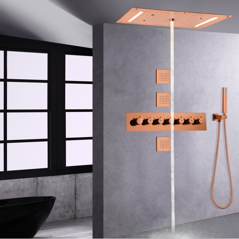 Thermostatic Rose Gold LED Multi Function Shower System Mist Rain Waterfall Shower Faucet With Hand Hold