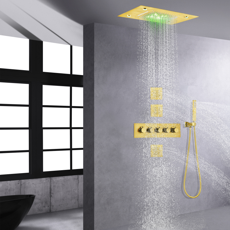 Brushed Gold Shower System 14 X 20 Inch Thermostatic Modern Bathroom Waterfall Shower