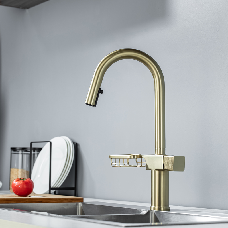 Brushed Gold Sink Basin Kitchen Mixer Modern Multifunctional Pull Out Single Handle